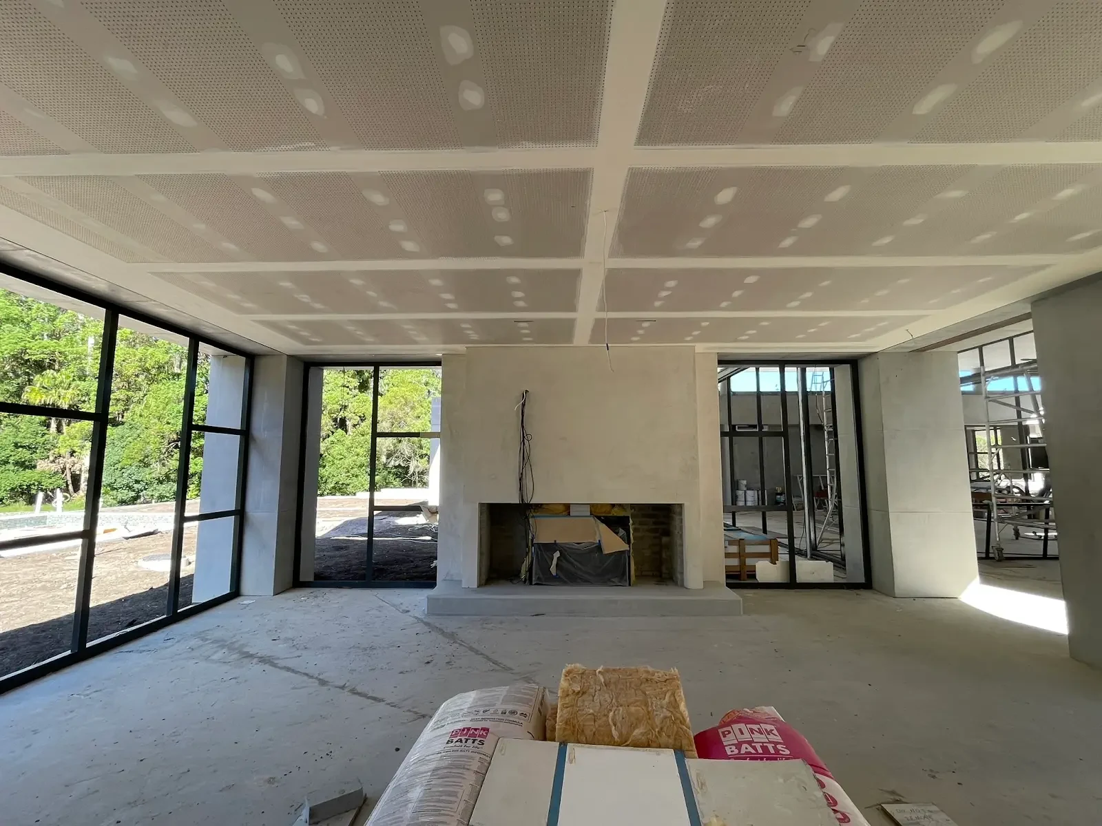 The Villa living area with glazing installed and interior linings underway